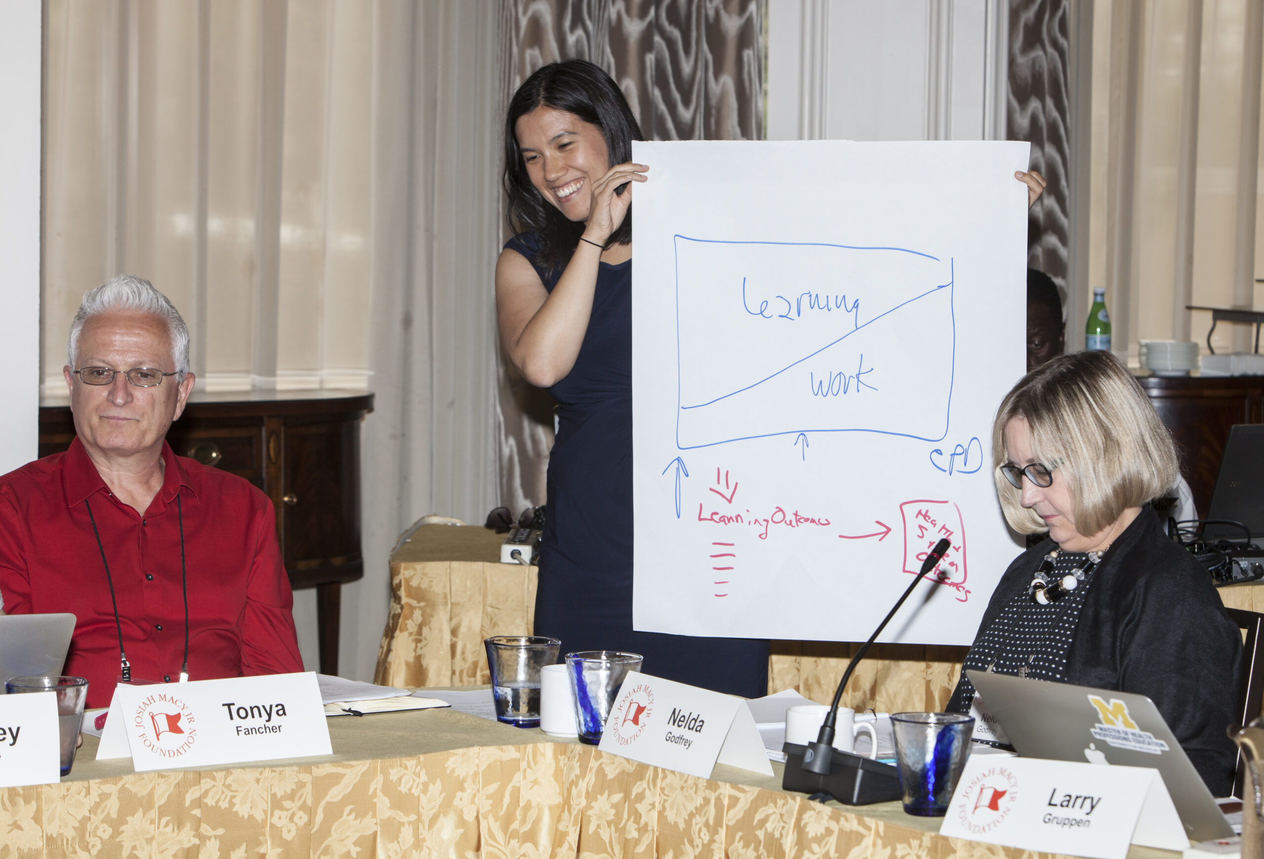 A conference attendee holds up a poster board with notes on it for other attendees seated at a table to see