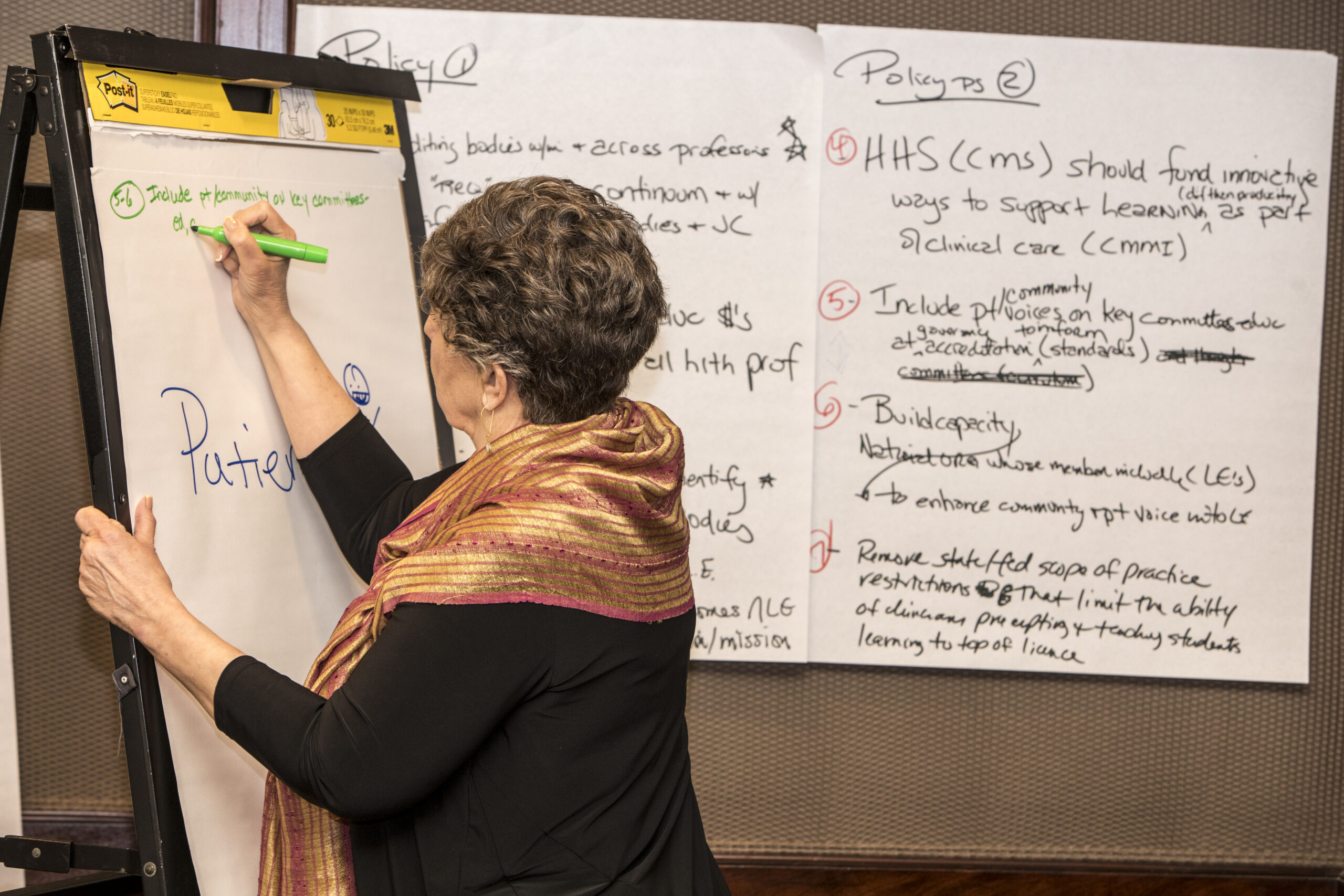 A woman in a black shirt and patterned scarf writing on a poster board with other poster boards behind her